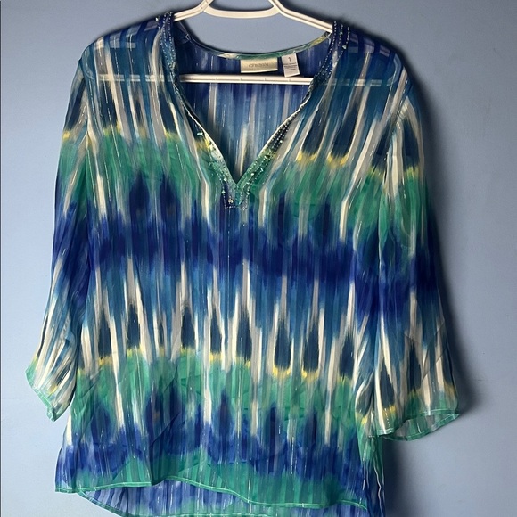 Chico's Tops - Chico's Vibrant Blue and Green Striped Blouse